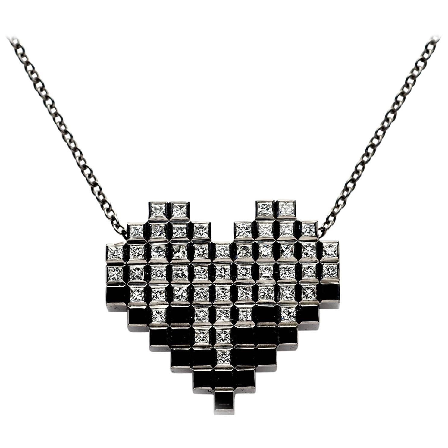 Francesca Grima Black Gold and 51 Diamond Pixel Heart Necklace For Sale