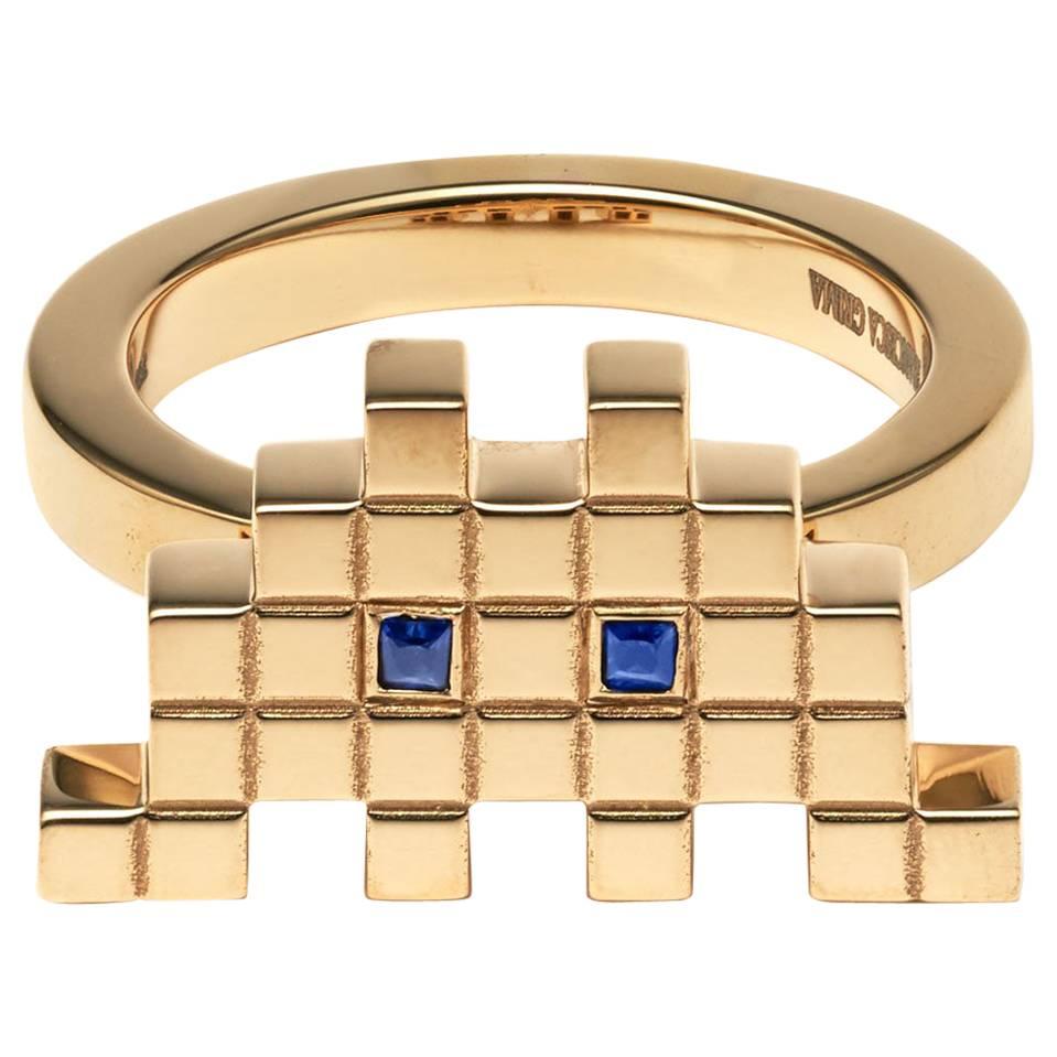 Francesca Grima Sapphire Yellow Gold Invader I Ring For Sale