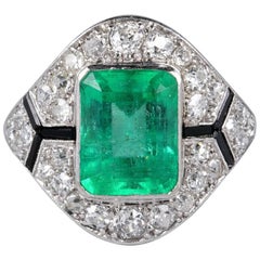 Certified Colombian Emerald Diamond Rare French Art Deco Ring