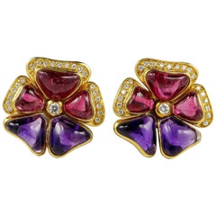 Signed Rubellite Amethyst Diamond Rare Pansy Earrings