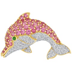 Pink Sapphire and Diamond Dolphin 18 Karat Brooch