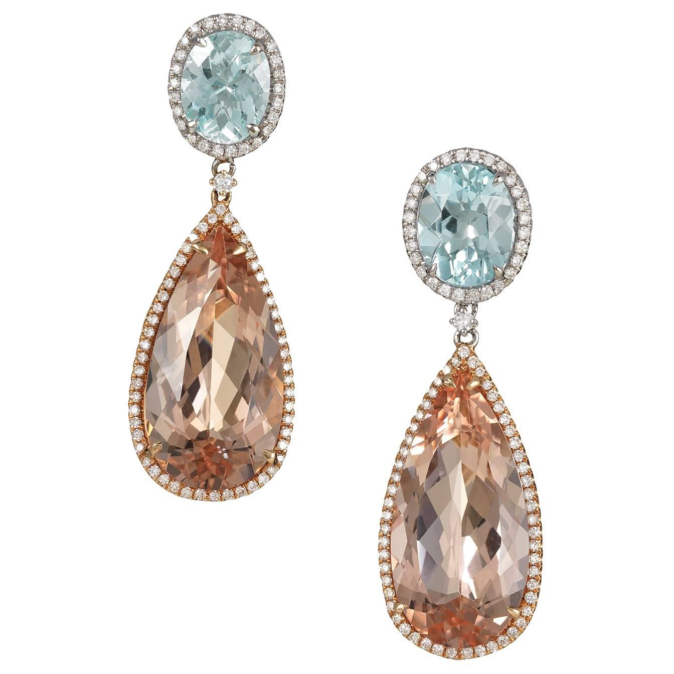 Morganite, Aquamarine and Diamond Rose Gold Earrings