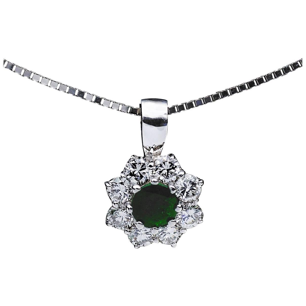 Green Emerald and Diamond White Gold Halo Pendant Necklace