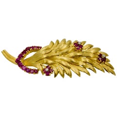 18K Yellow Gold Italian Ruby and Diamond Leaf Brooch