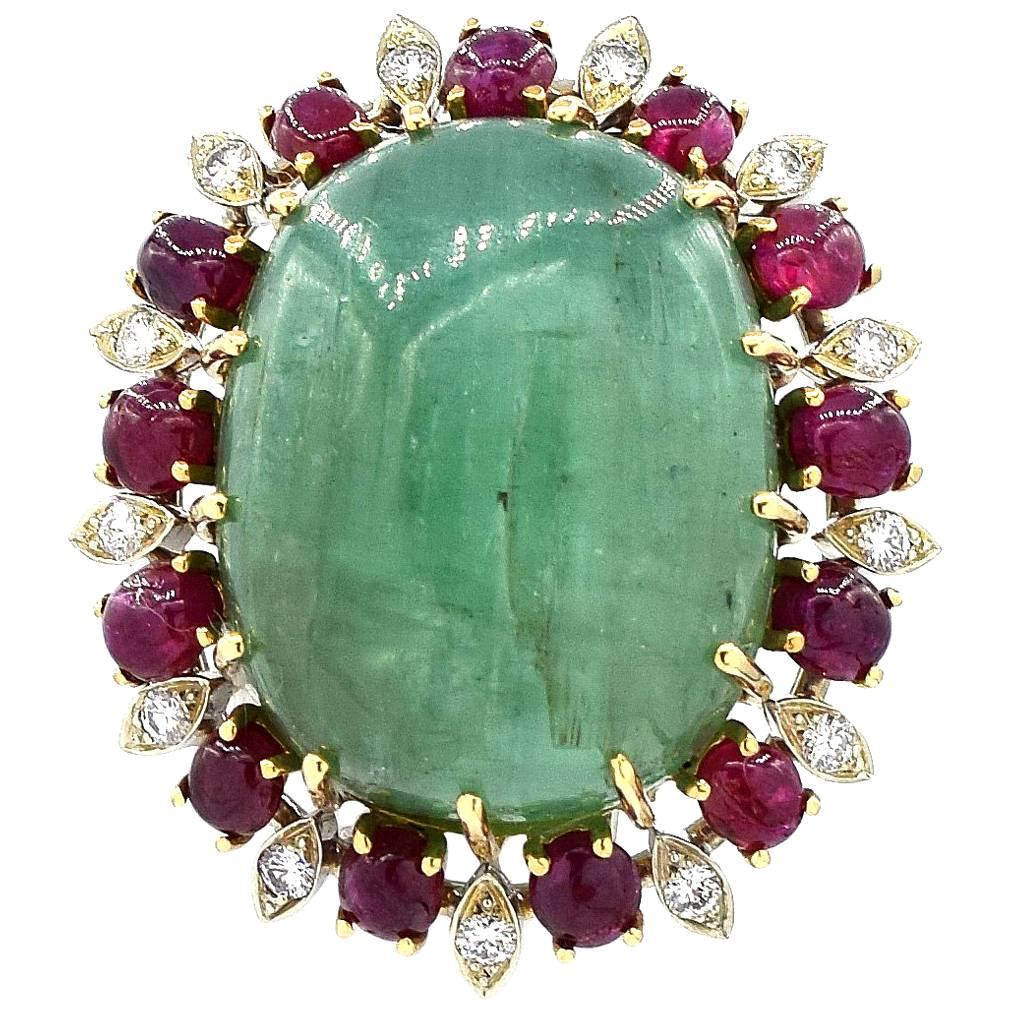 Green Emerald, Ruby and Diamond Brooch Pin For Sale