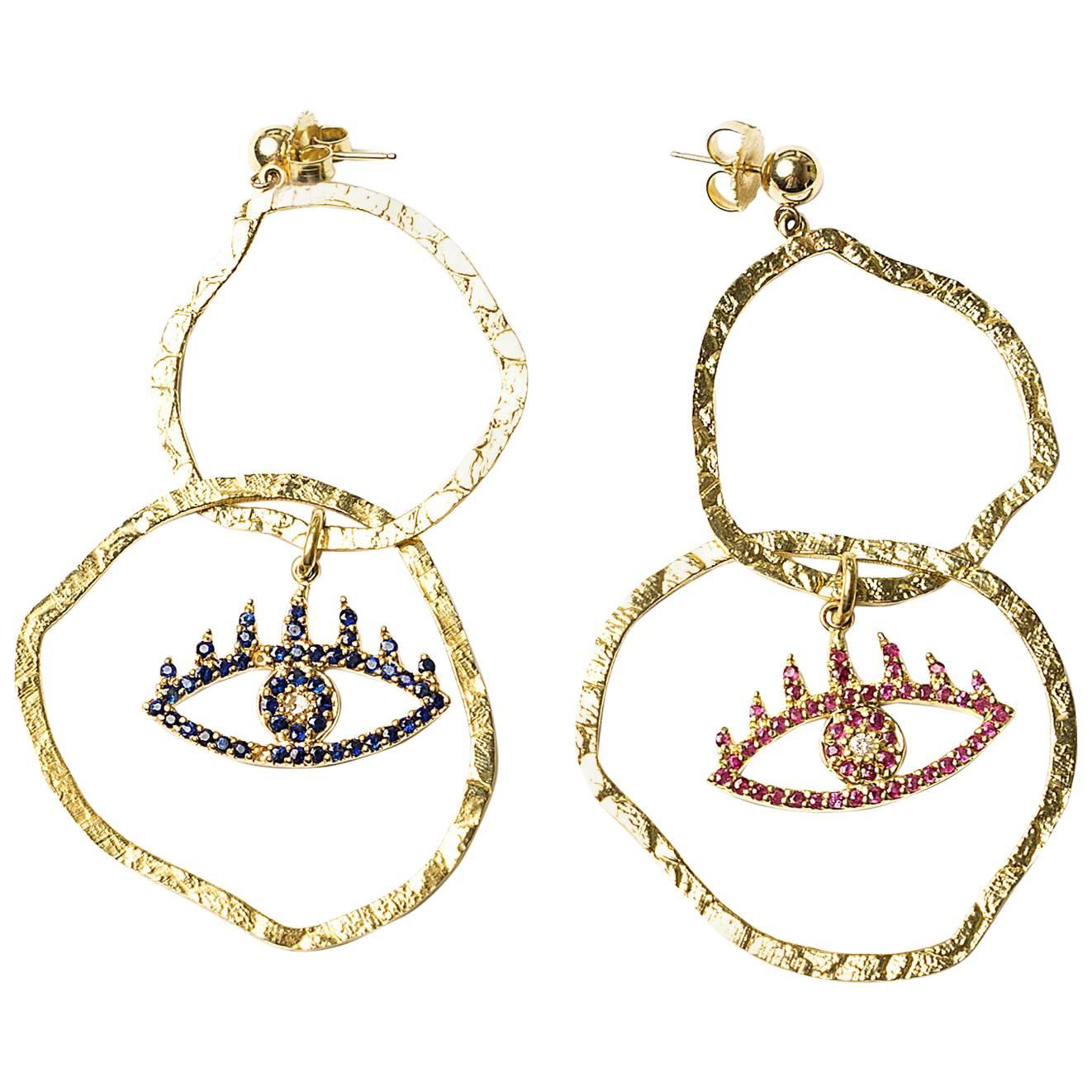 Clarissa Bronfman Gold, Ruby, Sapphire Double Hoop Earrings 
