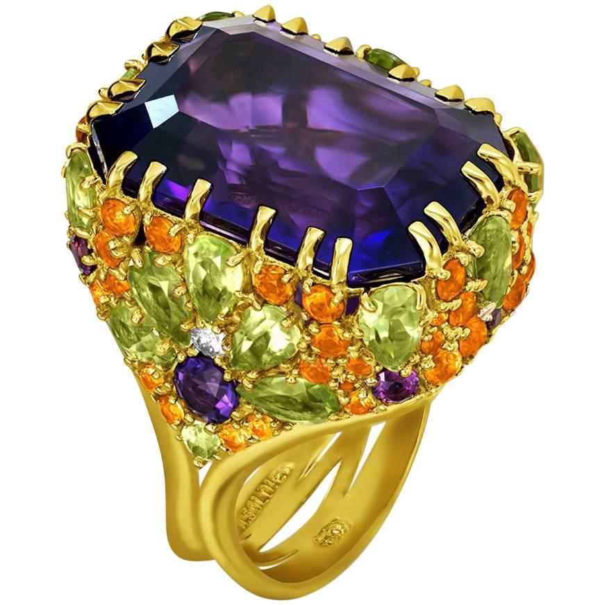 Amethyst Sapphire Peridot Garnet Diamond Gold Ring