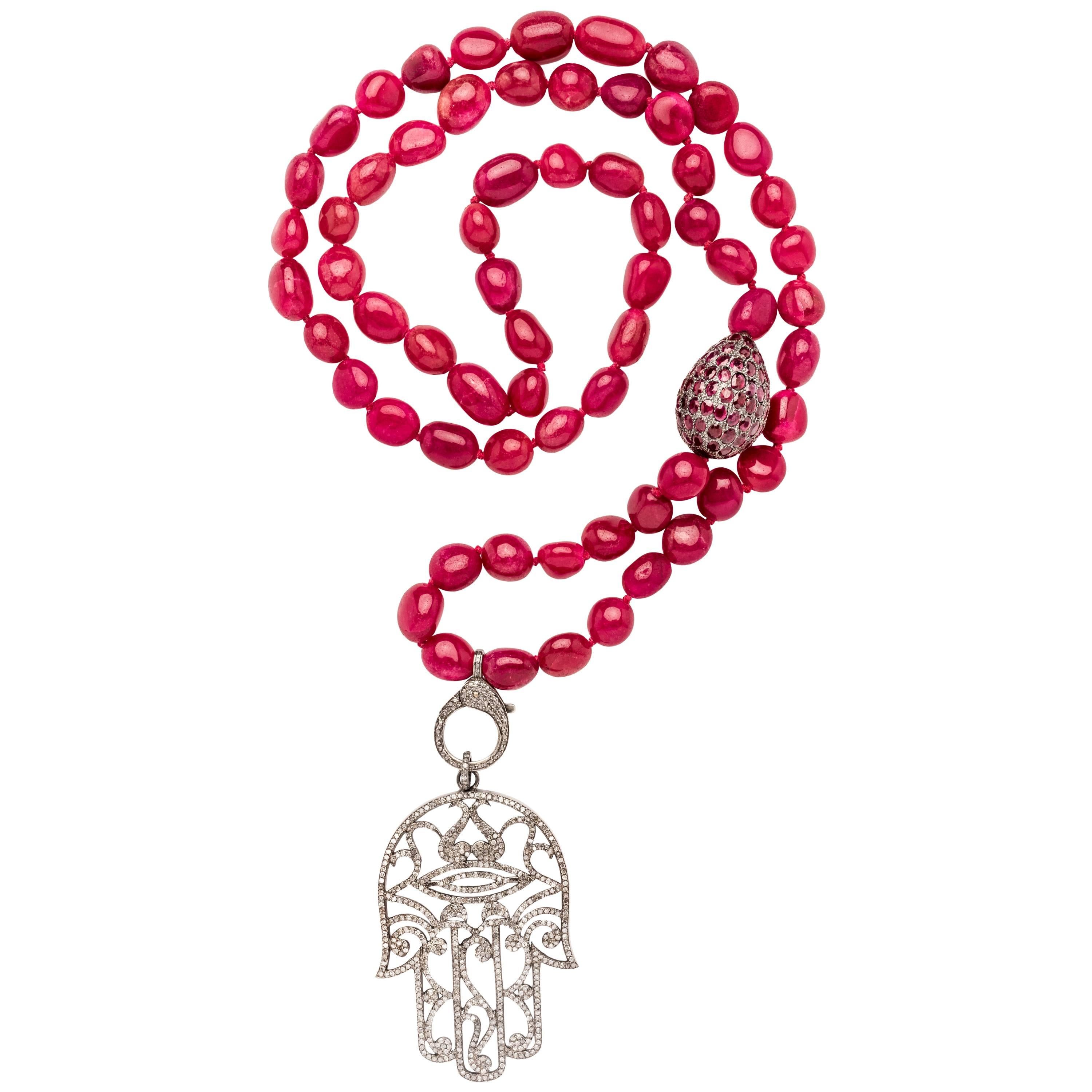 Clarissa Bronfman Diamond and Raw Rubies Beaded Necklaces with Hand of Hamsa