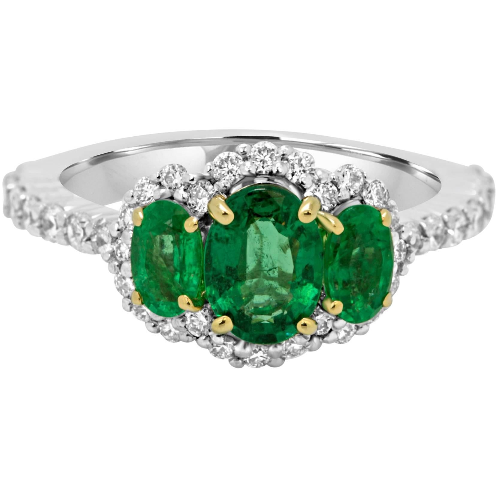 Emerald Diamond Three-Stone Halo Two-Color Gold Ring