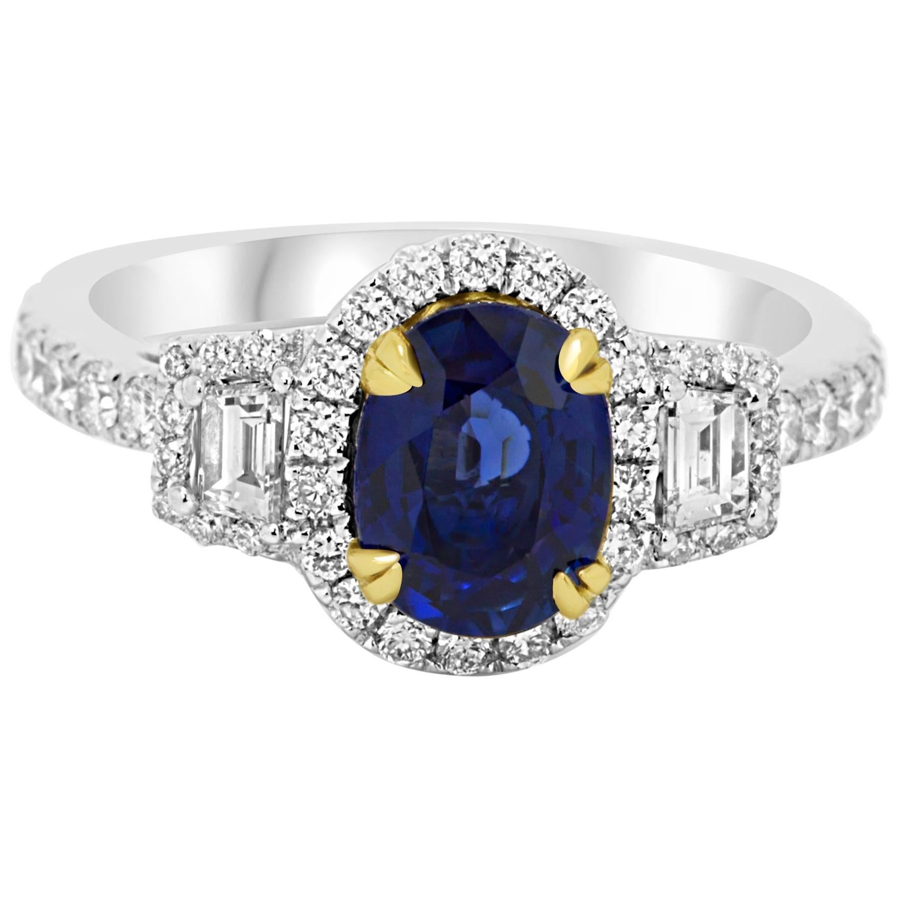 Sapphire Diamond Three-Stone Halo Two Color Gold Ring