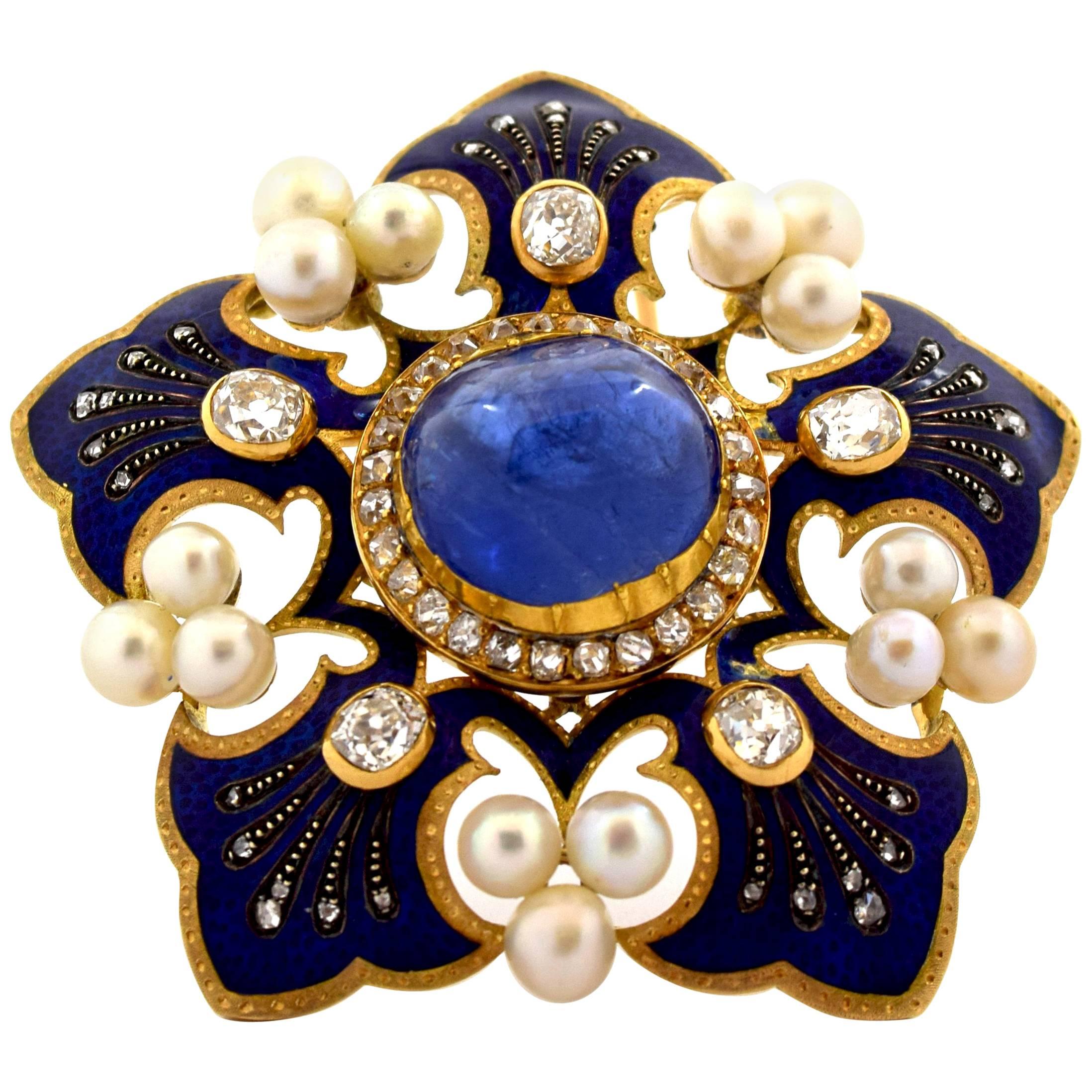 Fleur-de-Lis Blue Enamel, Pearls and Old Cut Diamonds Brooch Pin For Sale