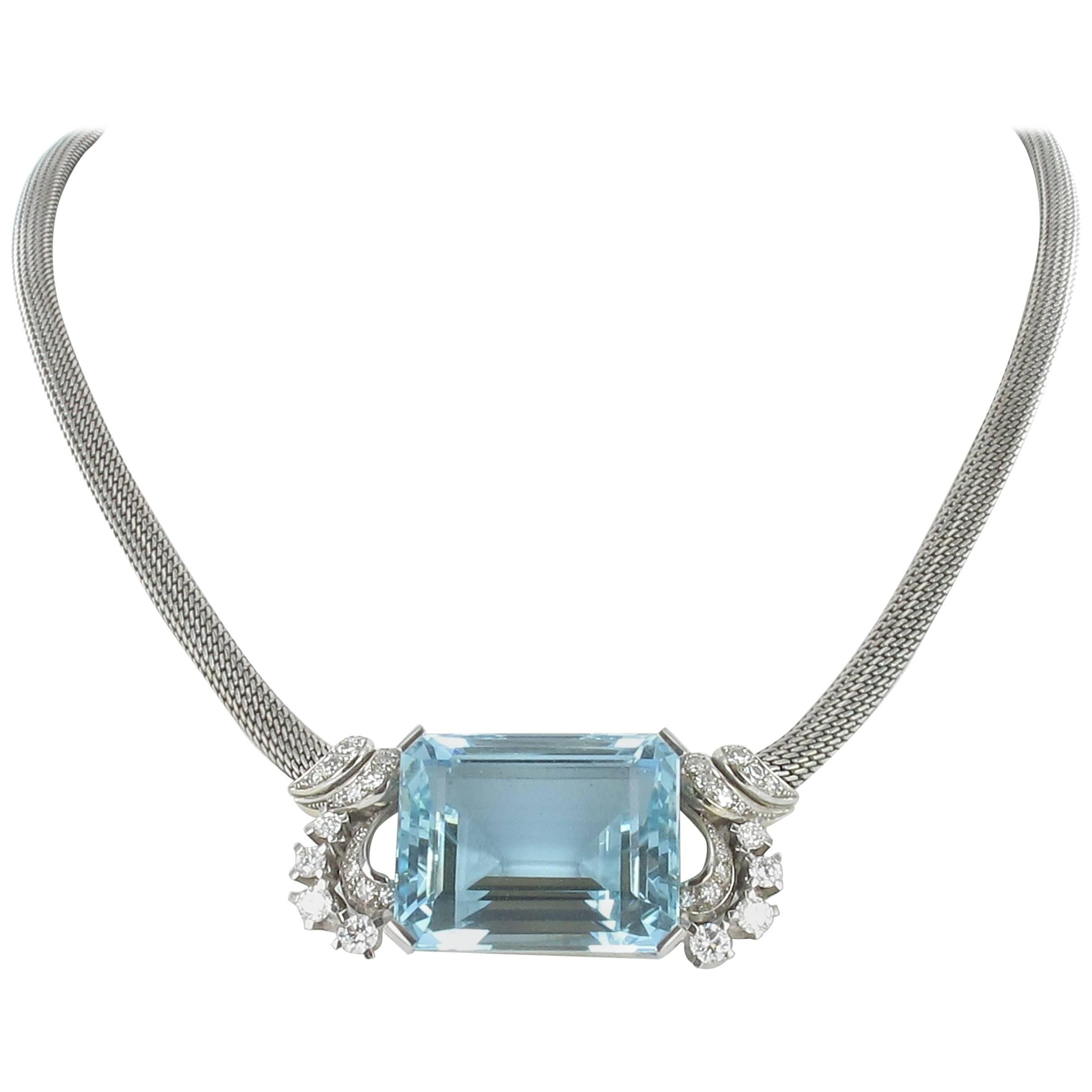 Aquamarine and Diamond Gold Necklace For Sale