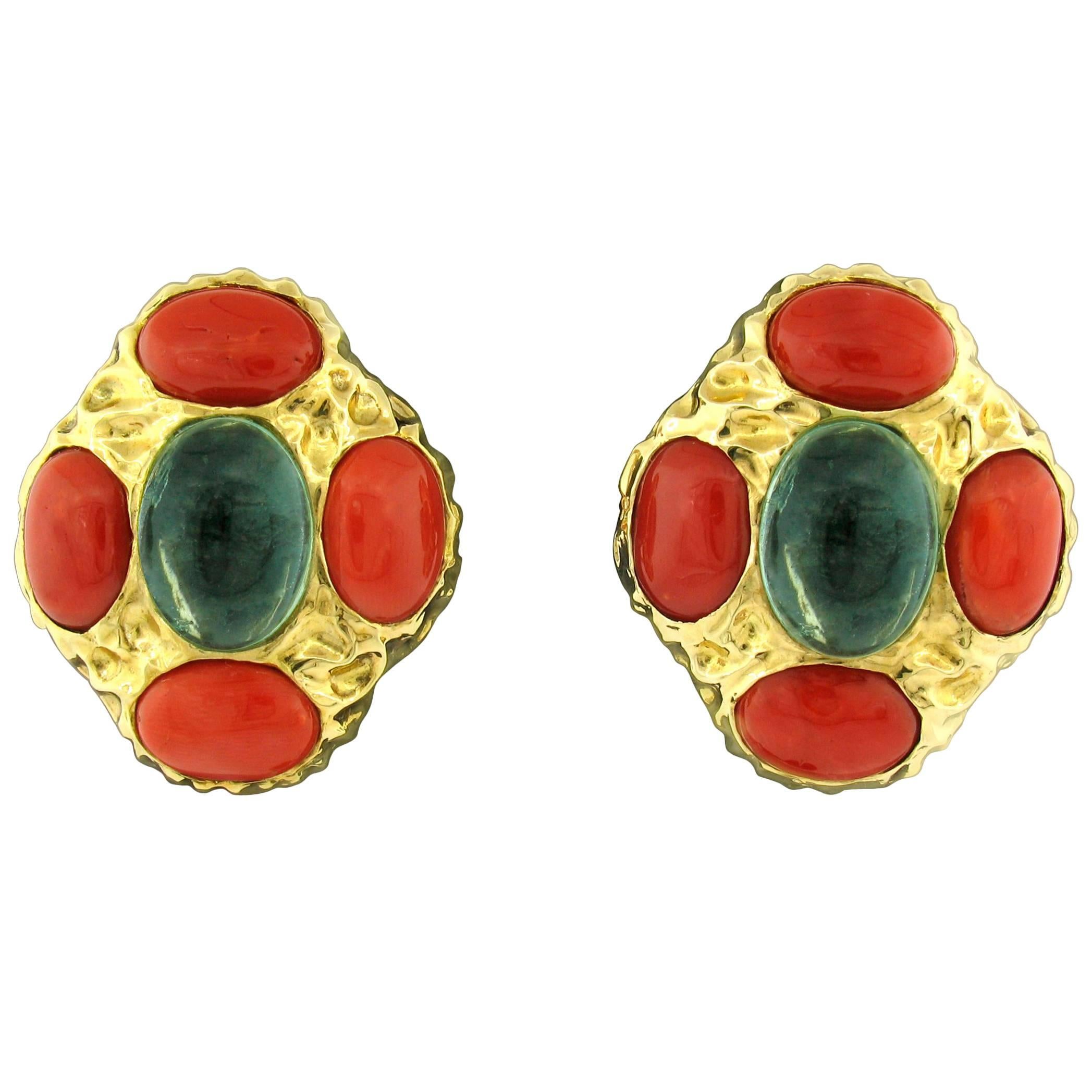 Tony Duquette Florite and Coral Earrings in 18 Karat Gold