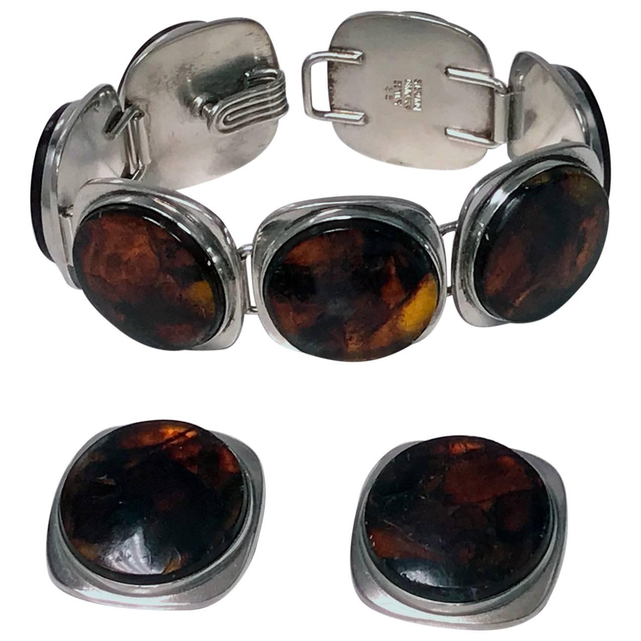 Danish Midcentury Sterling Amber Bracelet and Earrings, Bent Knudsen, circa 1957