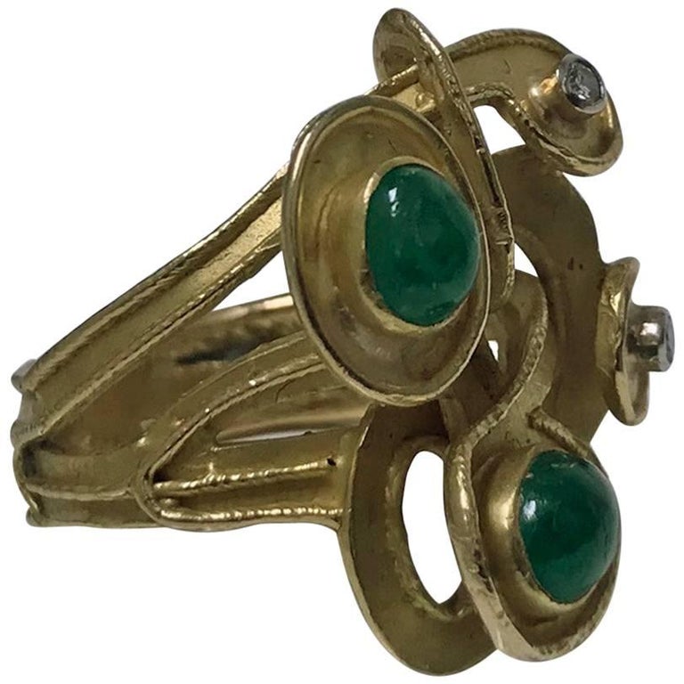 Emerald Diamond Gold Abstract Ring For Sale at 1stDibs