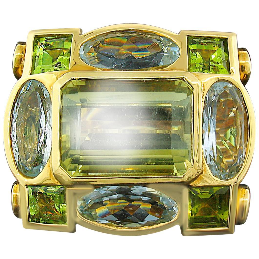 Tony Duquette Citrine, Aquamarine and Peridot Ring in 18 Karat Gold