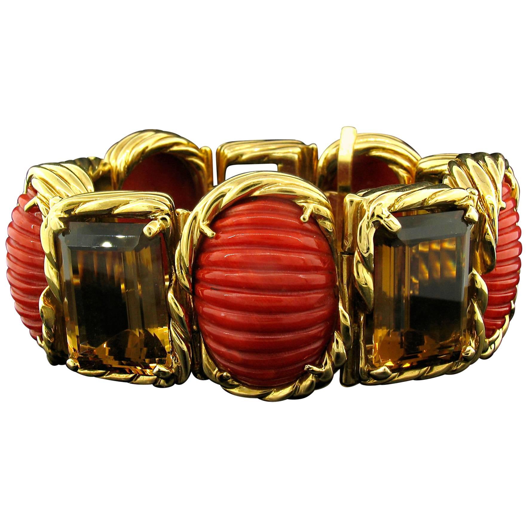 Tony Duquette Coral and Citrine Bracelet in 18 Karat