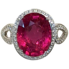 4.71 Bright Pink Rubellite and Diamond Halo Ring