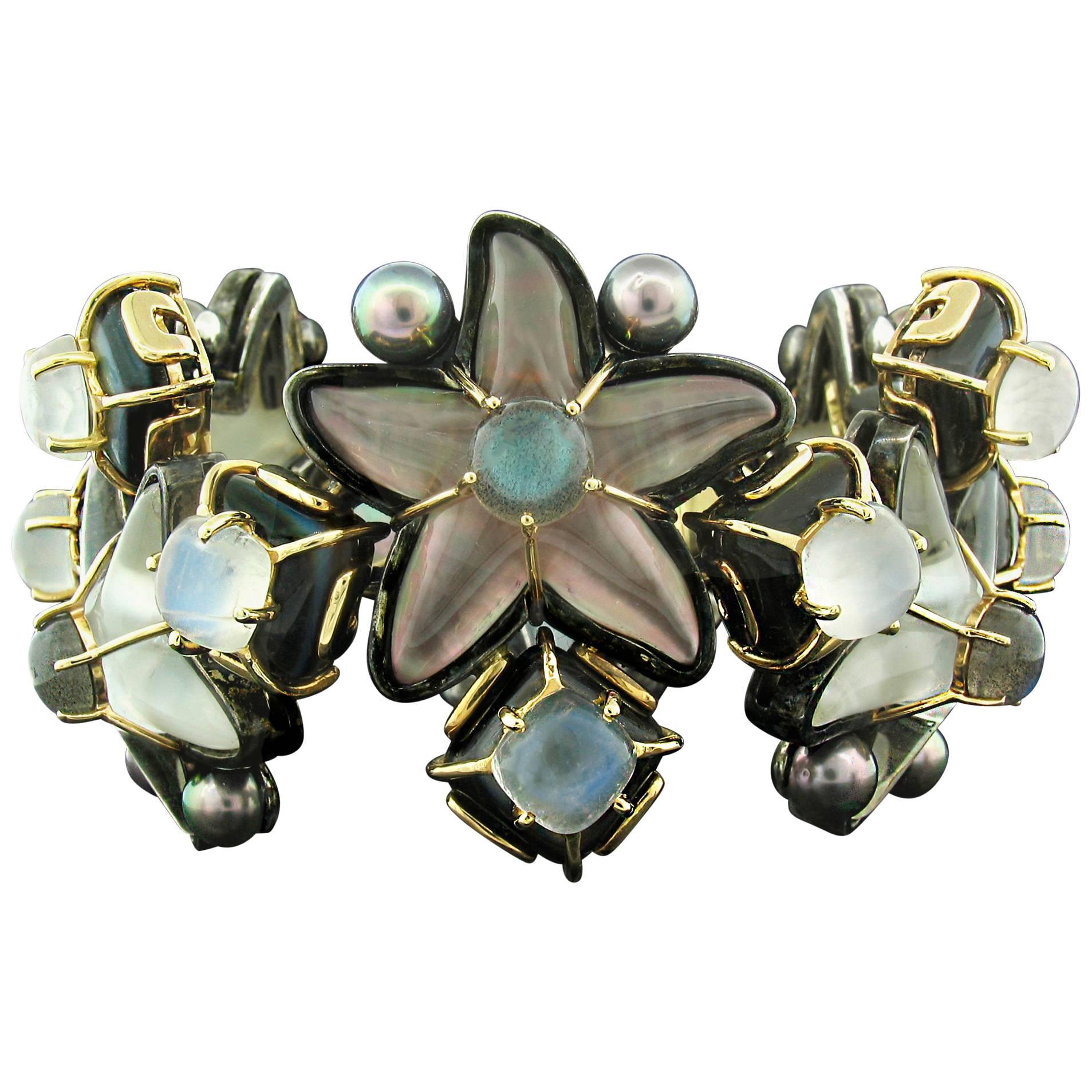 Tony Duquette Moonstone, Mother-of-Pearl and Crystal Bracelet For Sale