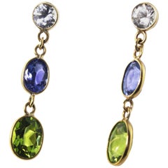 Sapphire, Tanzanite, Peridot 14 Karat Yellow Gold Stud Earrings