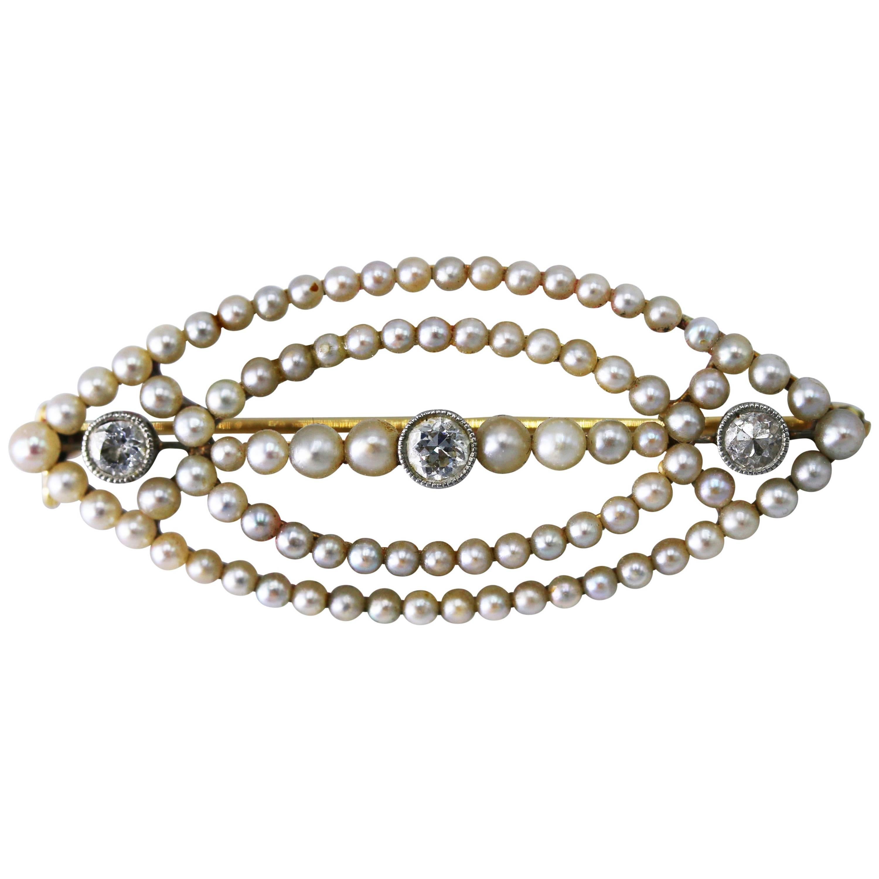 Early 20th Century Seed Pearl and Diamond Brooch