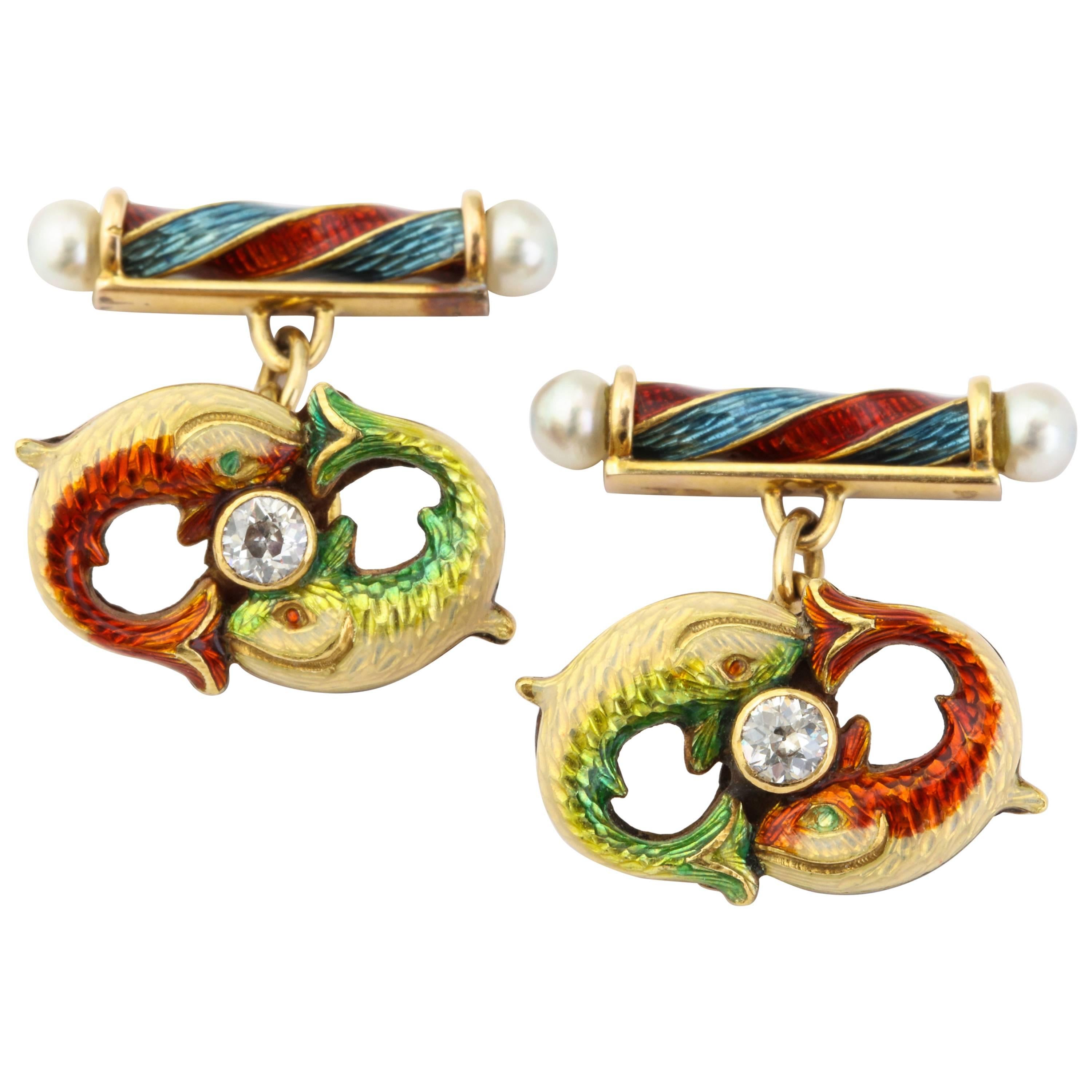 Antique English Yellow Gold Cloisonné Enamel Diamond and Pearl Fish Cufflinks