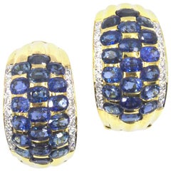 Sapphire Diamond 18 Karat Yellow Gold Ribbed Earrings
