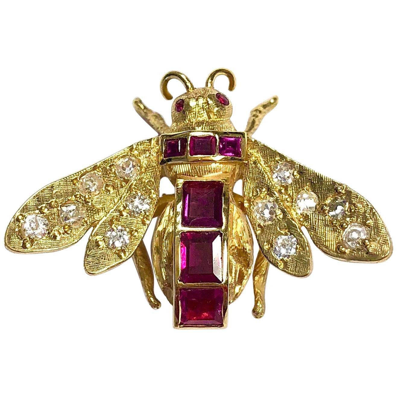 Vintage Ruby and Diamond Yellow Gold Bee Pin