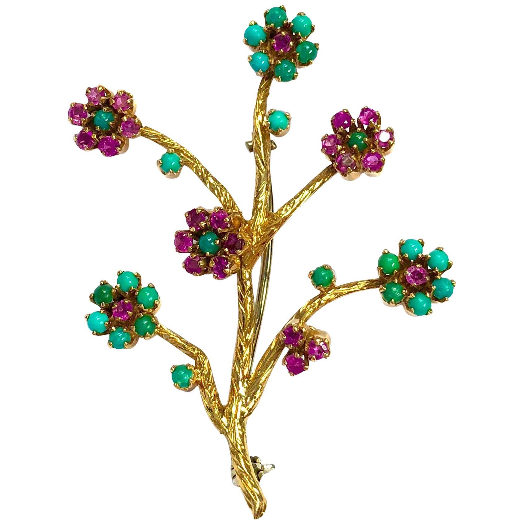 Vintage Ruby and Turquoise Articulating Flowers Gold Pin