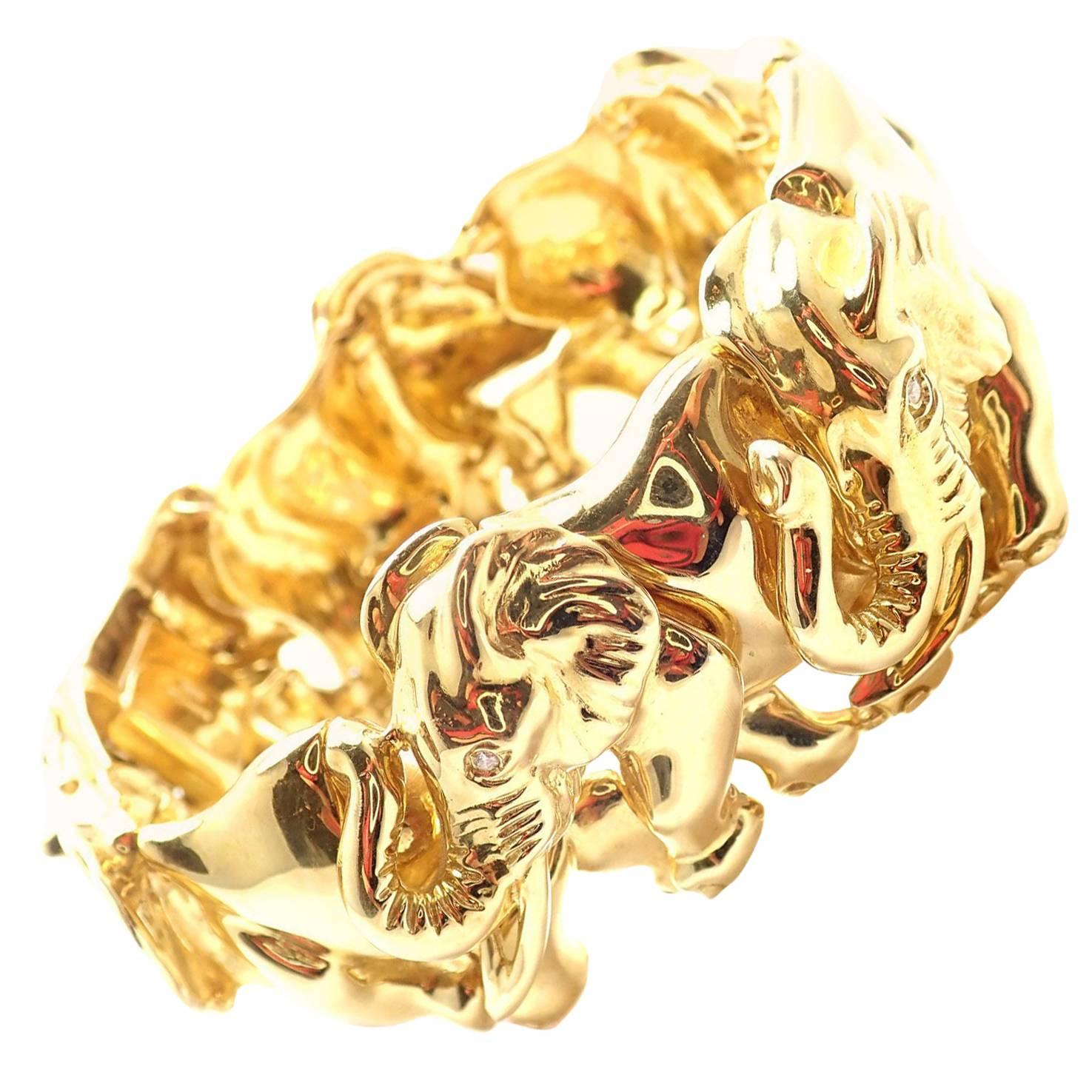 Estate Diamond Wide Elephant Yellow Gold Bangle Bracelet