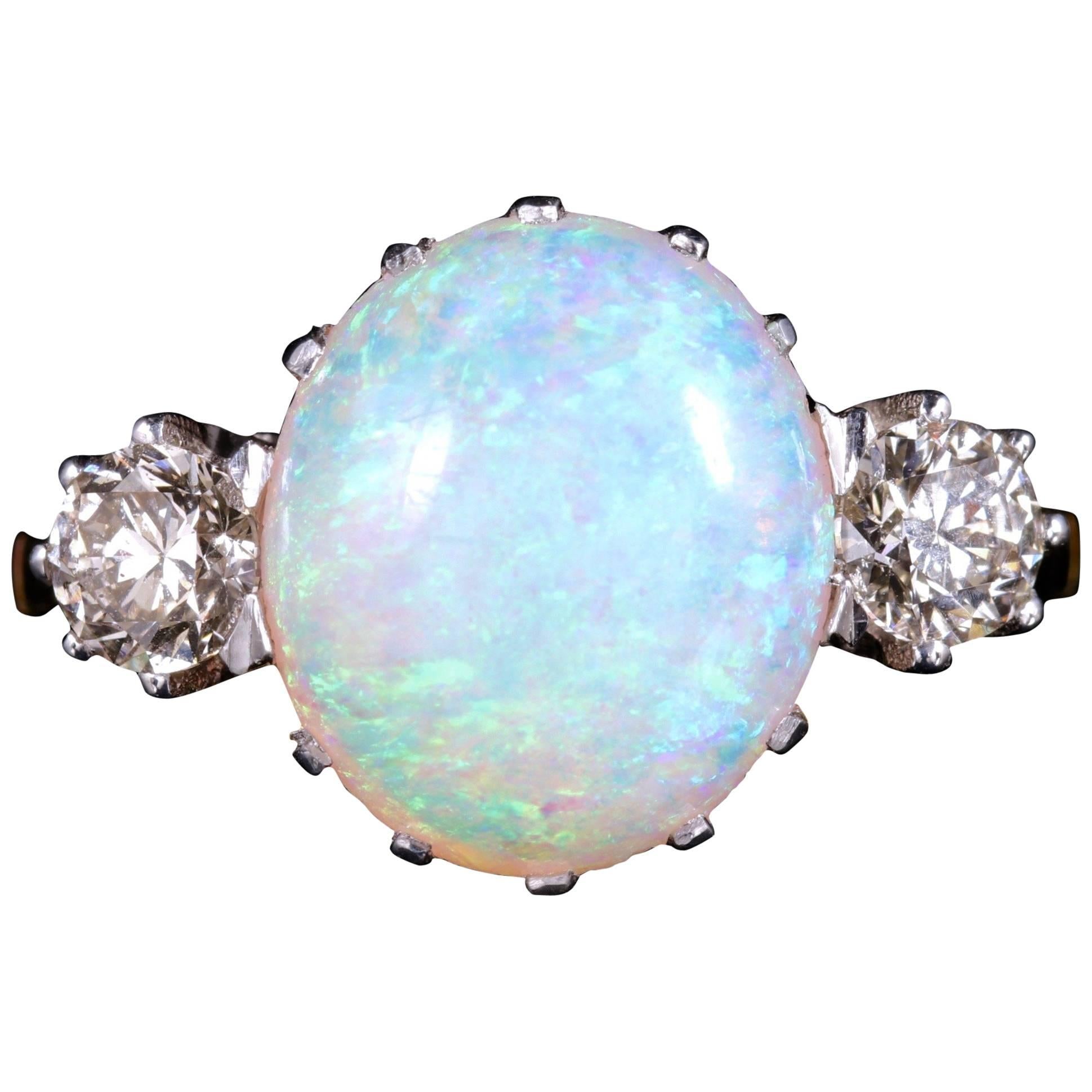 Antique Victorian Opal Diamond Ring 15 Carat Gold Natural Opal, circa 1900