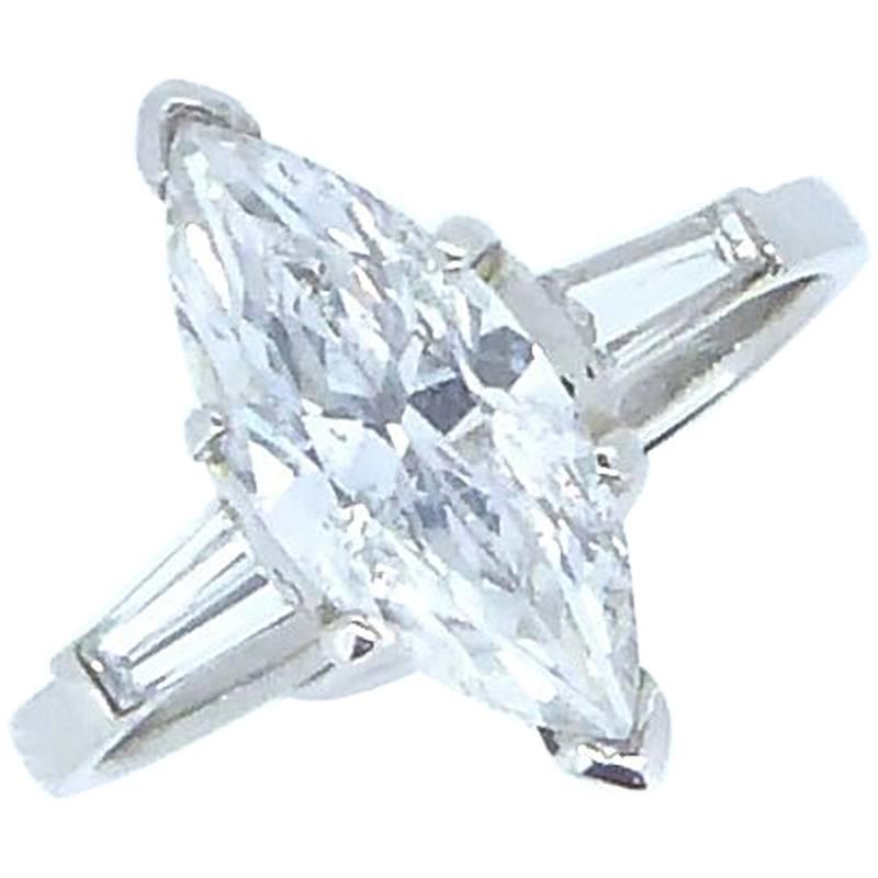 1.56 Carat Marquise Diamond and Platinum Solitaire Ring For Sale