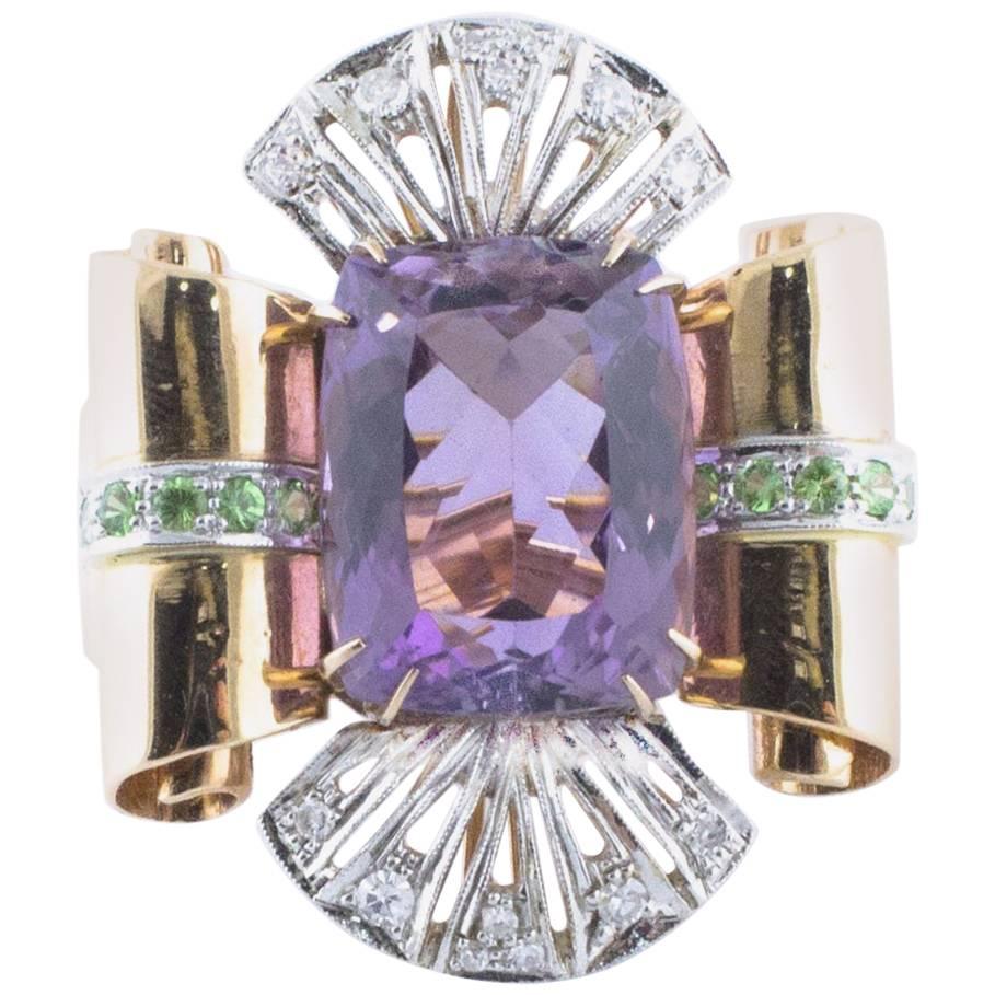 Amethyst Diamond Tsavorite Rose and White Gold Ring For Sale