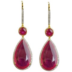 47.25 Carat Pear and Round Shape Ruby and Diamond Dangling Earring