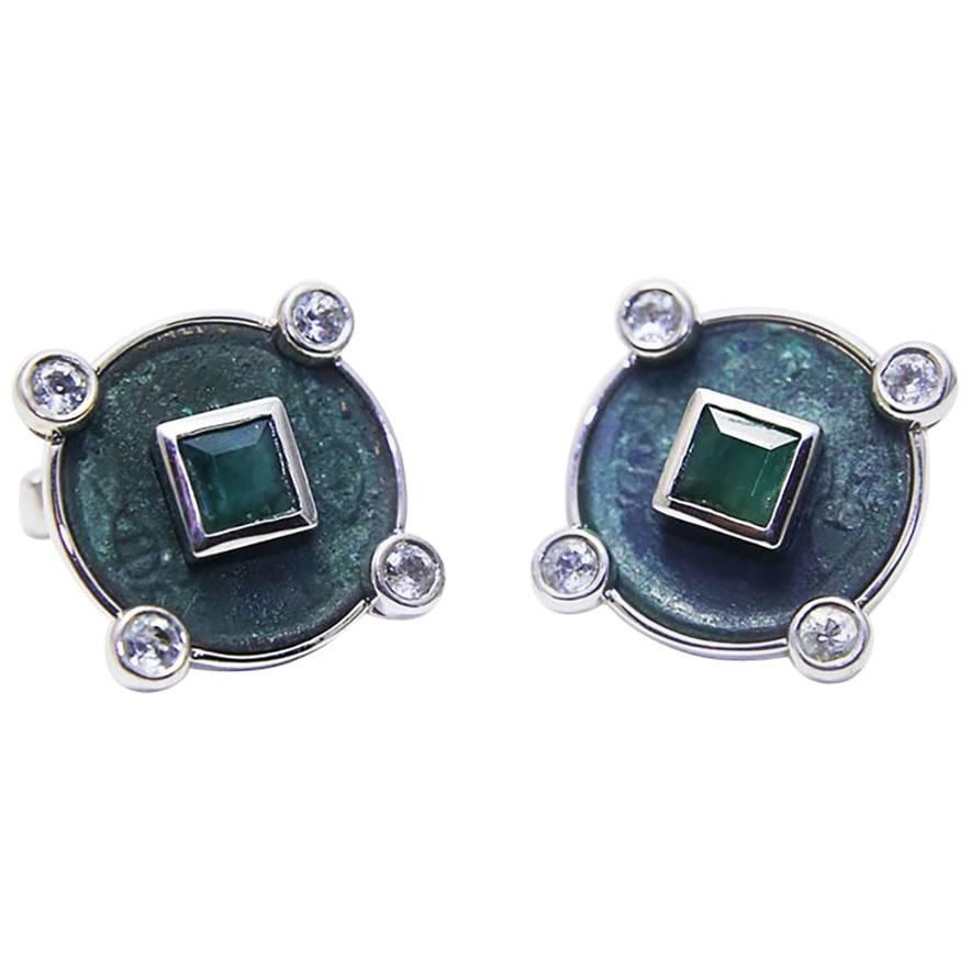Antique Coins Emeralds Tourmalines Silver Chinese Zodiac Cufflinks For Sale