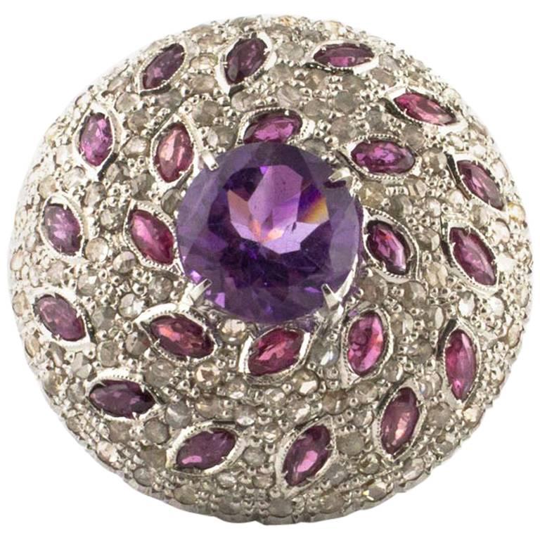 Rubies Amethyst Diamonds Rose Gold and Silver Round Ring 
