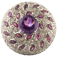 Rubies Amethyst Diamonds Rose Gold and Silver Round Ring