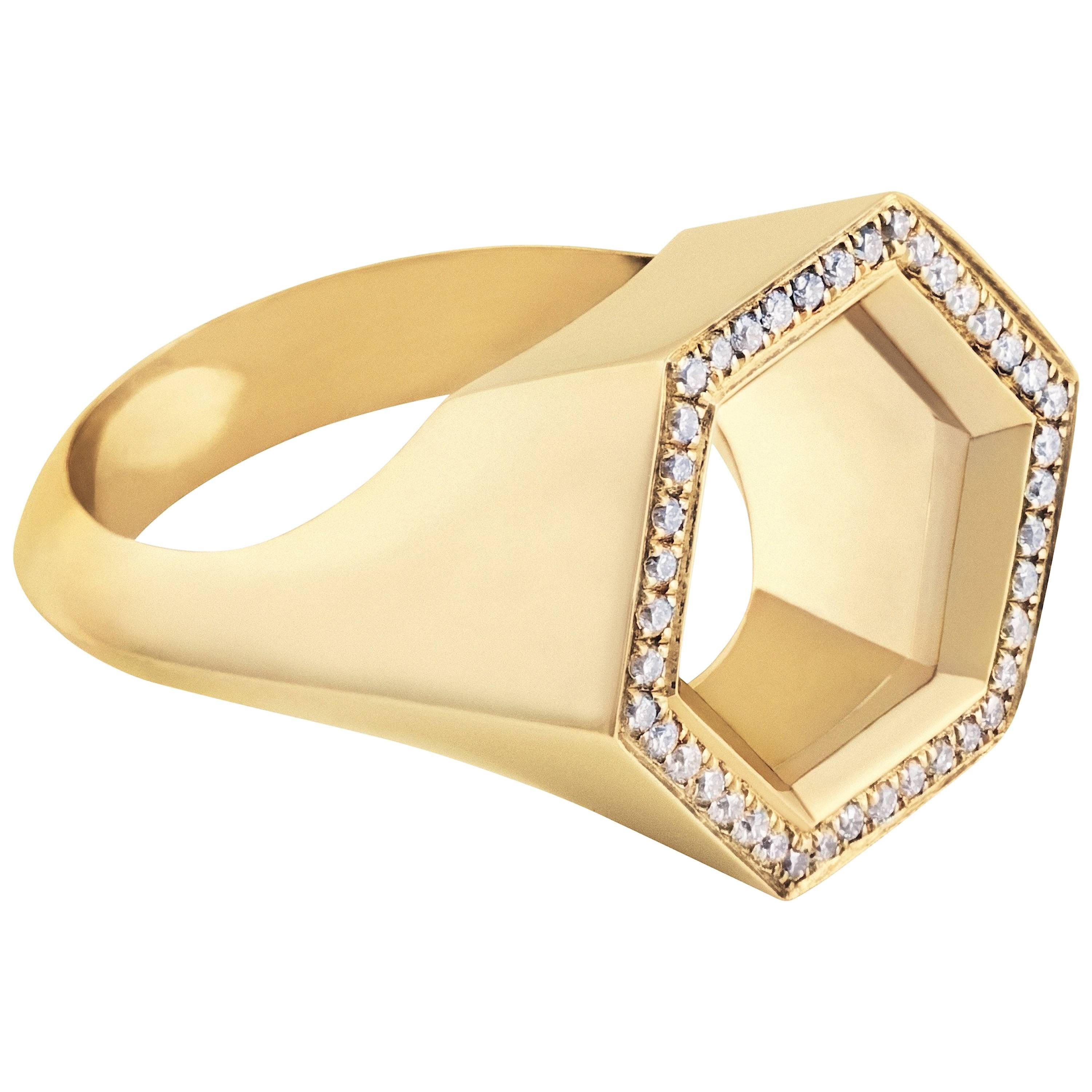 18K Yellow Gold “Hex Seal” Ring with White Diamonds For Sale