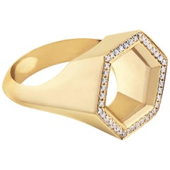 18K Yellow Gold “Hex Seal” Ring with White Diamonds