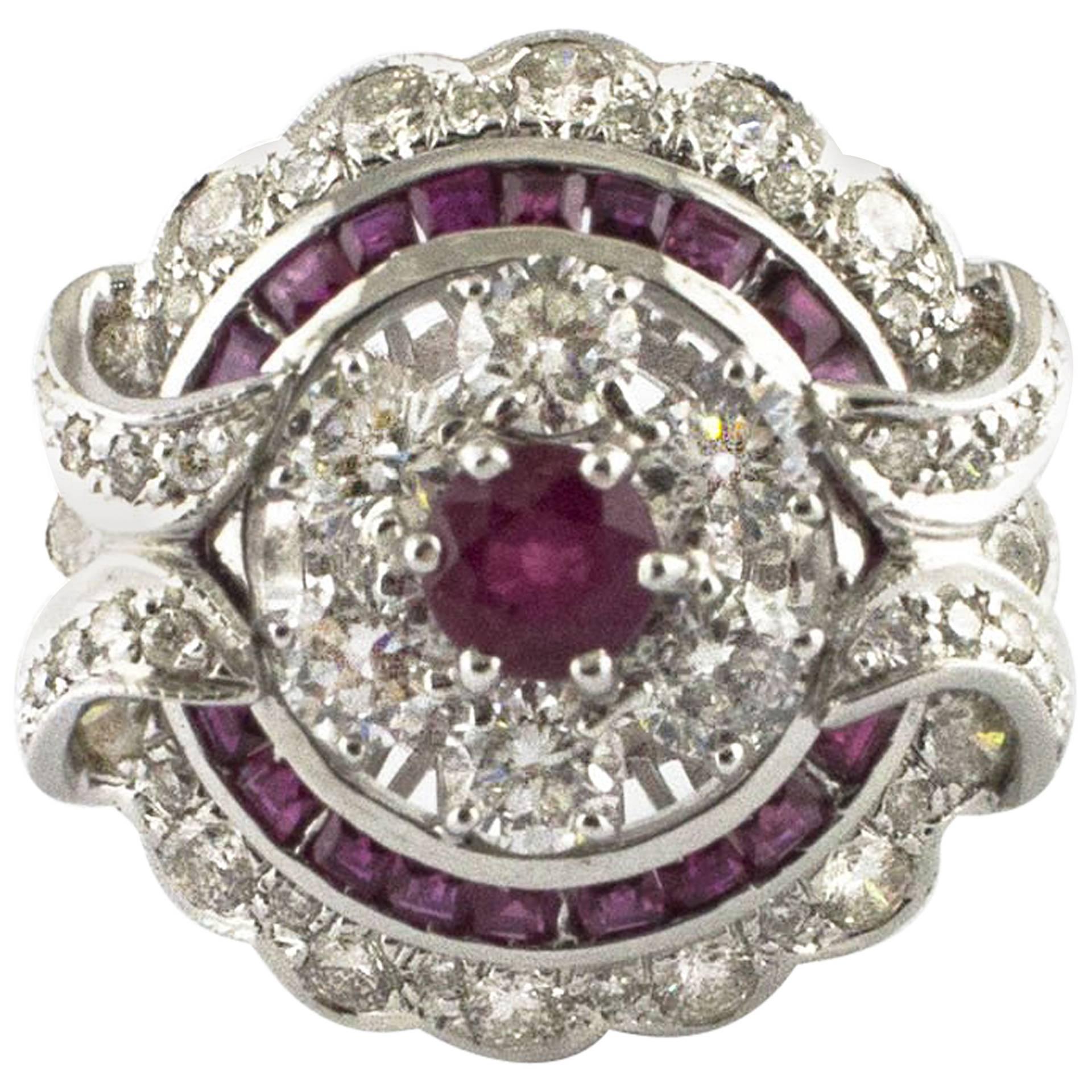 Circular Diamond Ruby White Gold Cocktail Ring