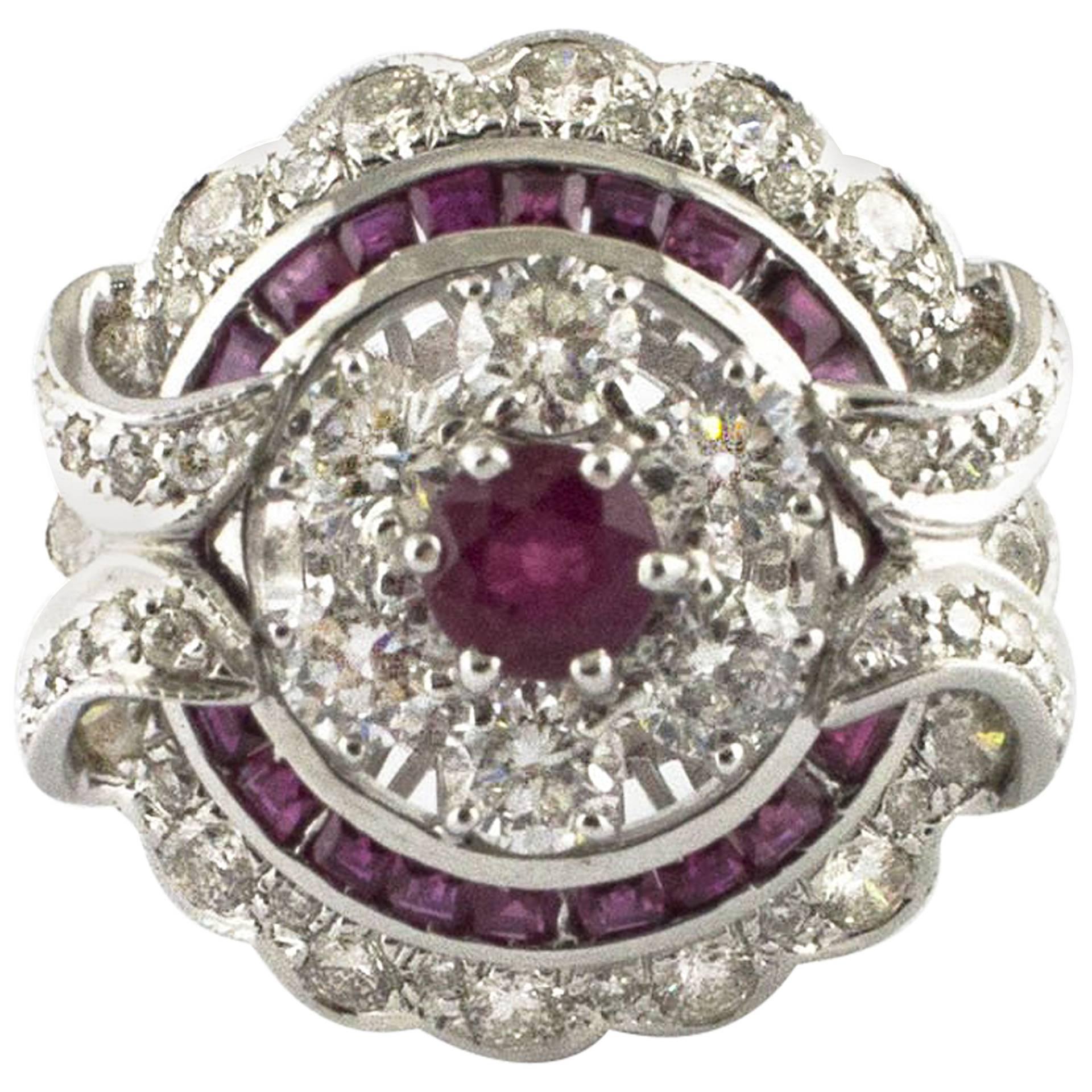 Circular Diamond Ruby White Gold Cocktail Ring For Sale
