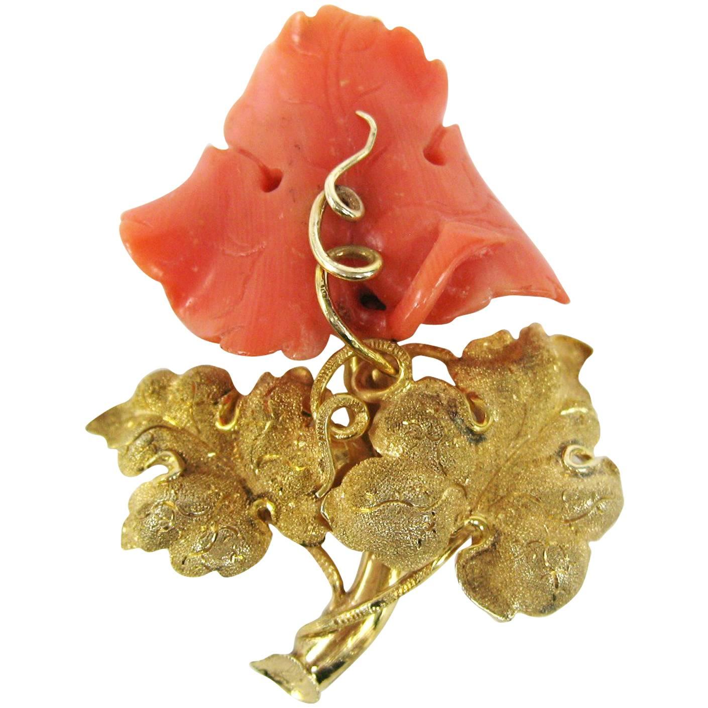 14K Gold Hand Carved Coral Floral Pendant - Victorian