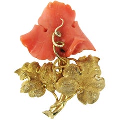Pendentif à fleurs en or 14 carats et corail sculpté à la main, style victorien 