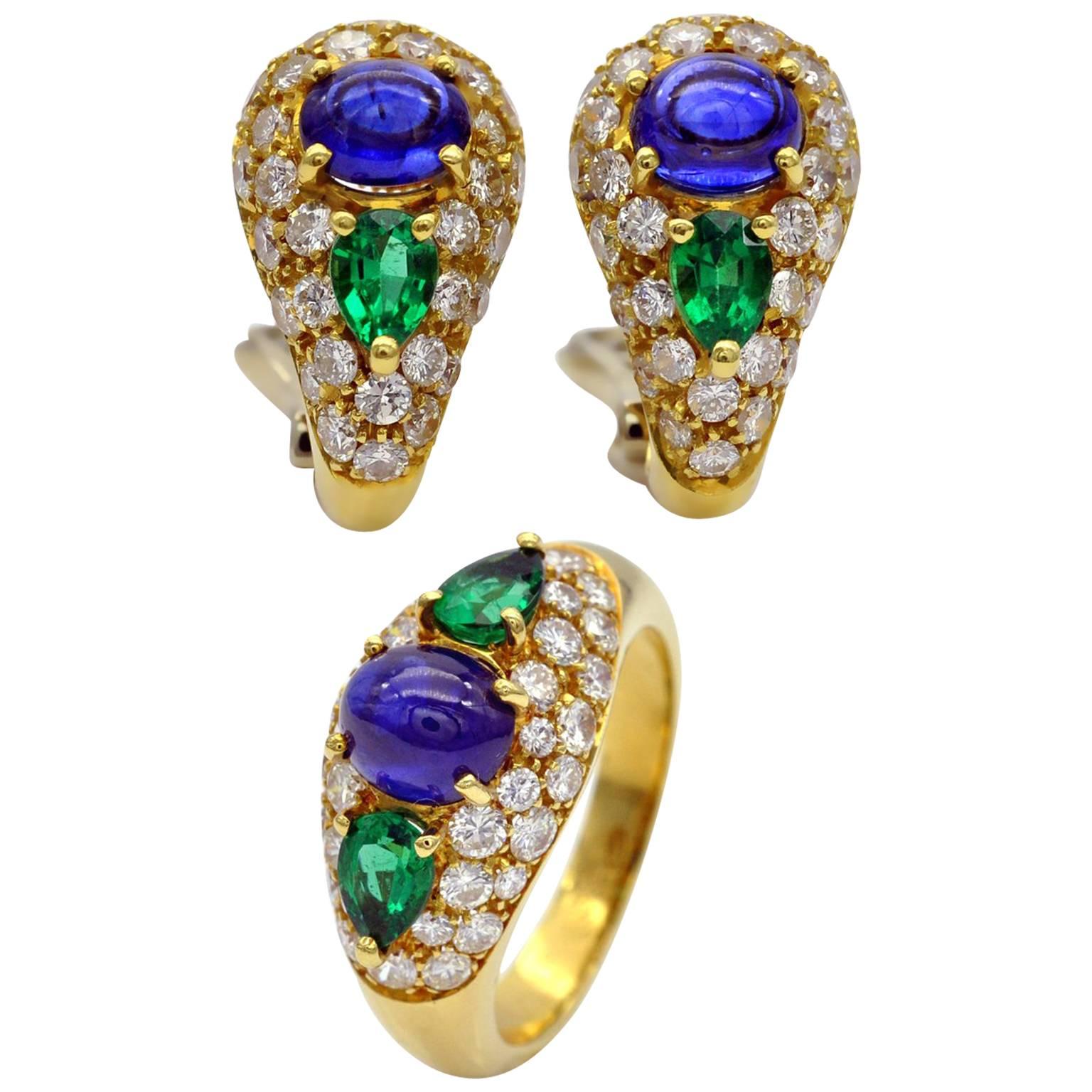 18K Gold Sapphire Emerald and Diamonds Earrings and Ring Set For Sale