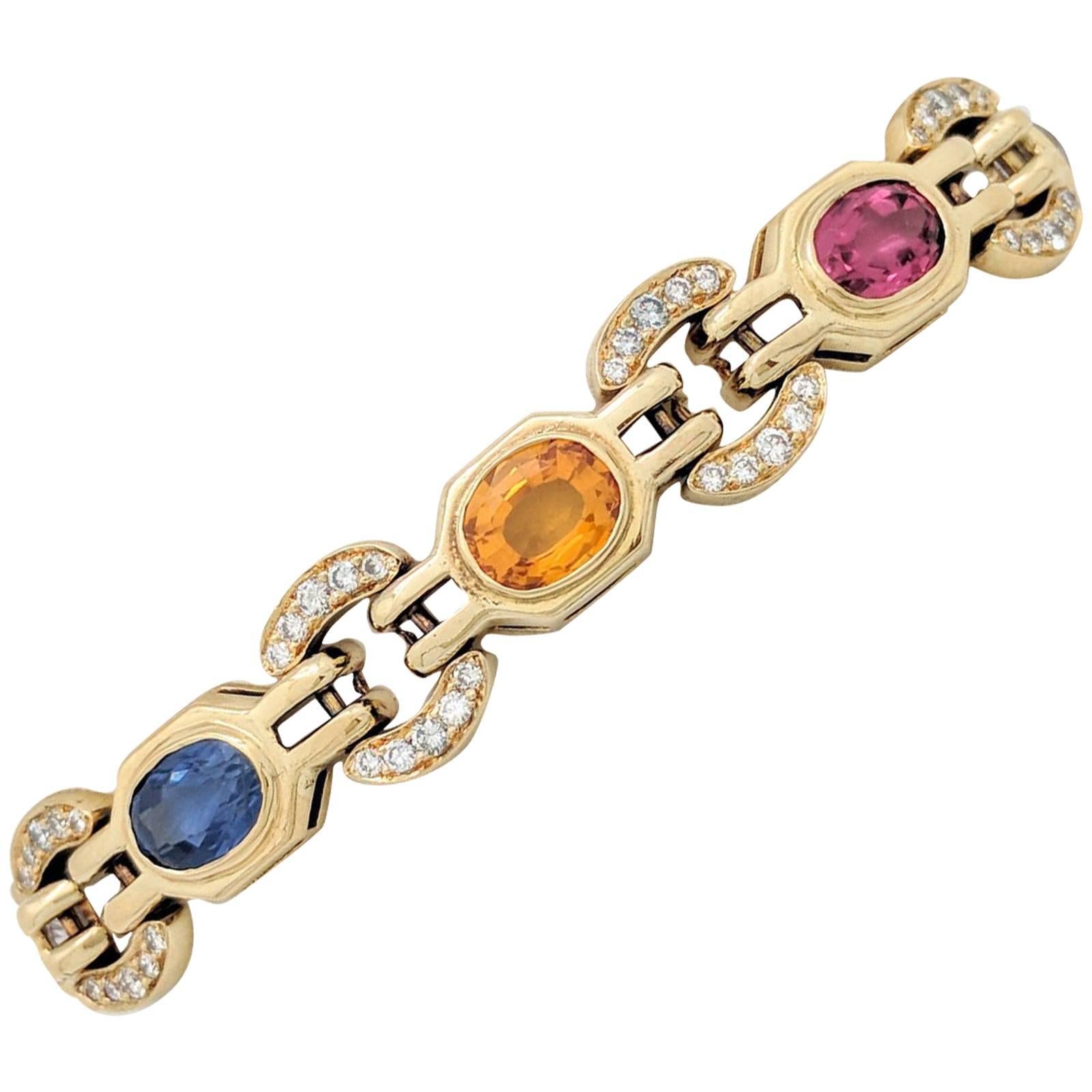 Ladies 18k Yellow Gold Multi-Colored Sapphire and Diamond Bracelet 31.2 Grams For Sale