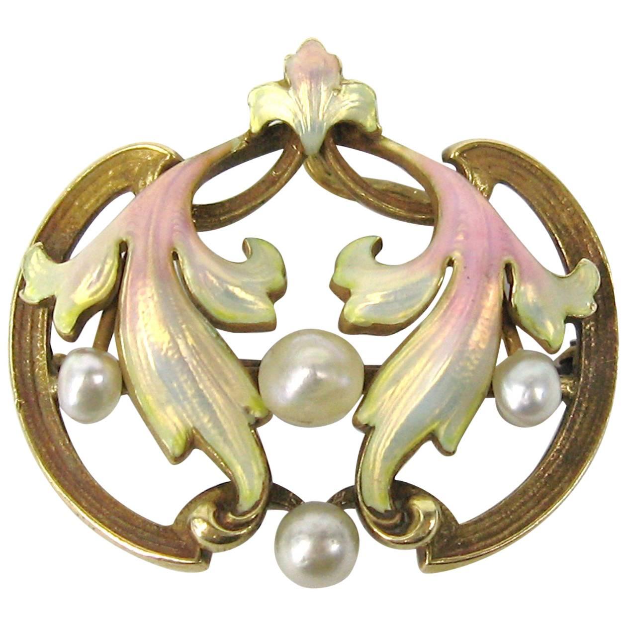 Women's Art Nouveau Pastel Enameled Pearl Gold Brooch Pendant