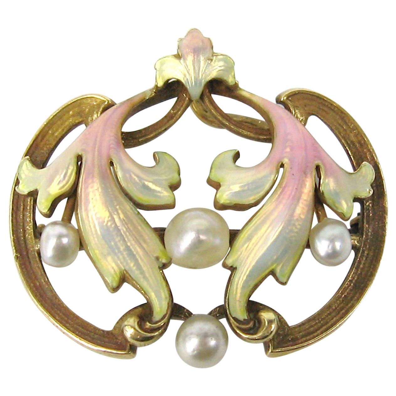 Art Nouveau Pastel Enameled Pearl Gold Brooch Pendant