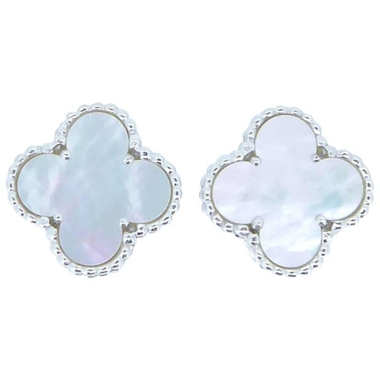 Van Cleef & Arpels Alhambra Mother-of-Pearl and 18 Carat White Gold Ear Clips