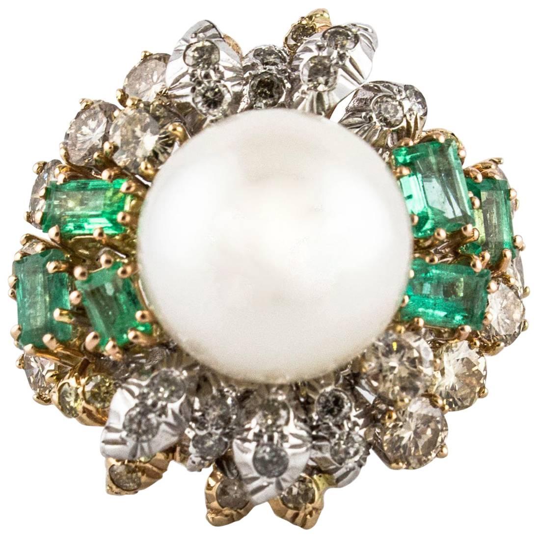 Diamonds Emeralds Pearl White Rose Gold Fantastic Ring For Sale
