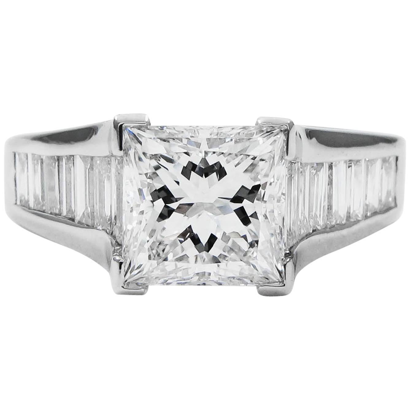 GIA Certified 2.21 Carat Princess Cut Diamond F SI1 Baguette Ring